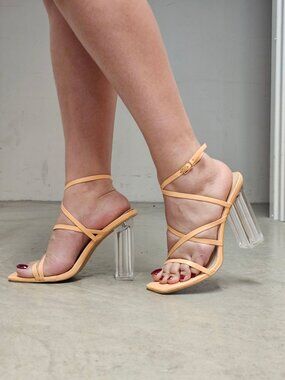 Peach Strappy Heeled Sandals With Clear Block Heel - Womens Trendy Open-Toe Desi